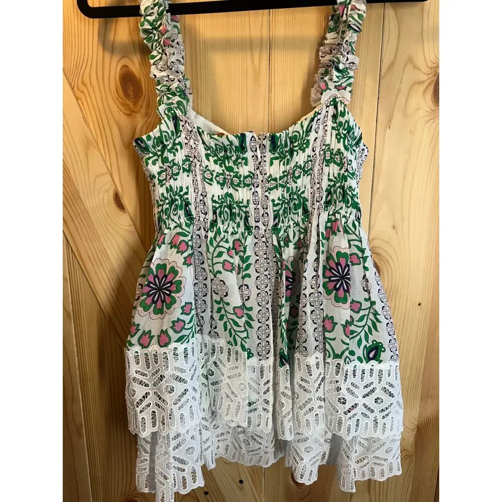 Tory Burch Floral Smocked Lace Trim Tank Top - Size 12
